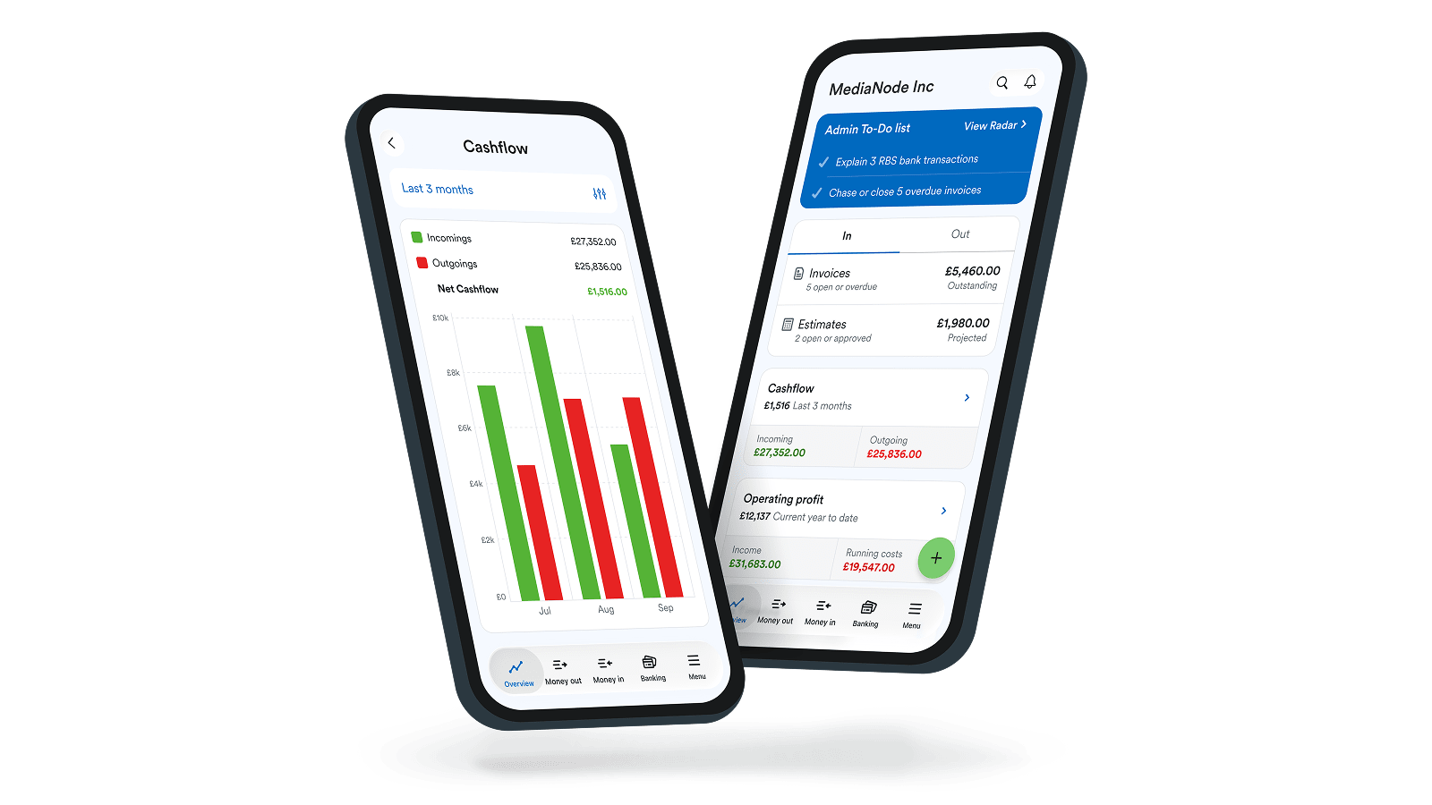 Two phones showing the Cashflow and Admin-To-Do pages of the mobile app
