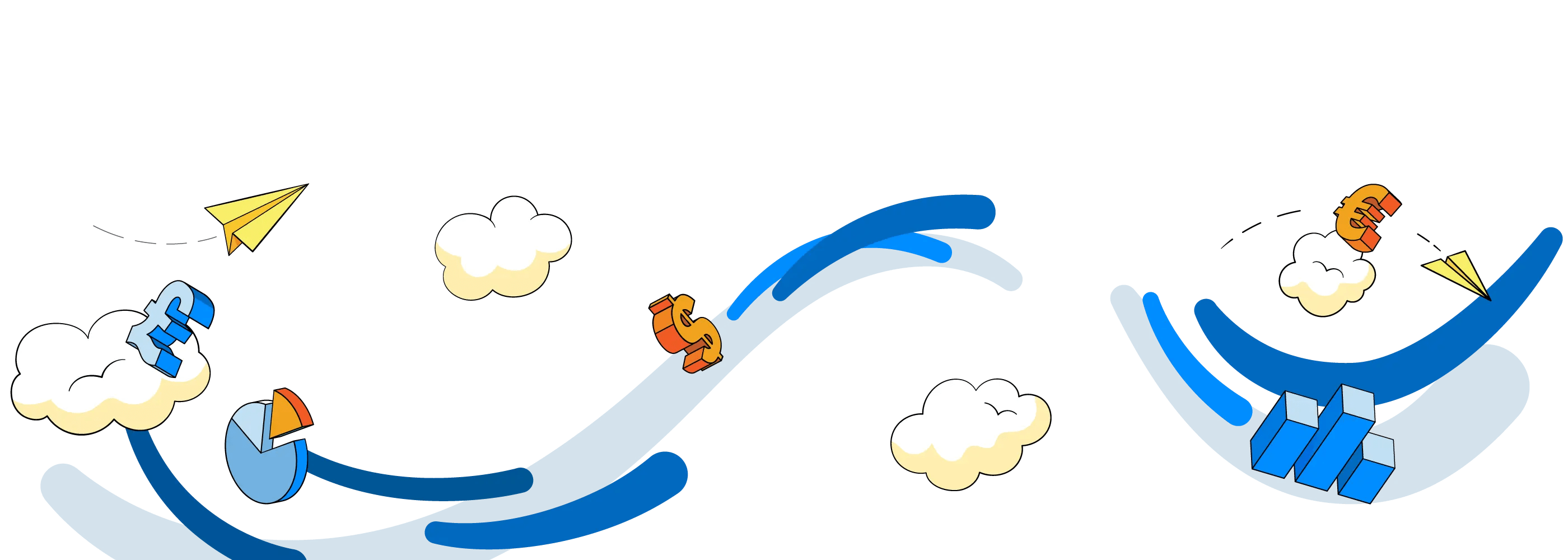 Decorative illustration of sweeping lines with charts and financial symbols interspersed between clouds.