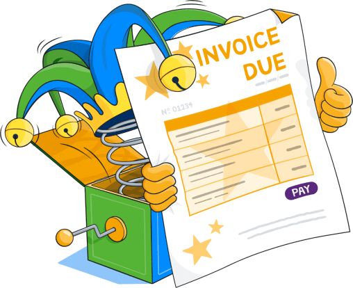 Illustration of a jack-in-the-box with a blue and green jesters hat and yellow hands attached to a spring. The hands are holding an invoice reminder.