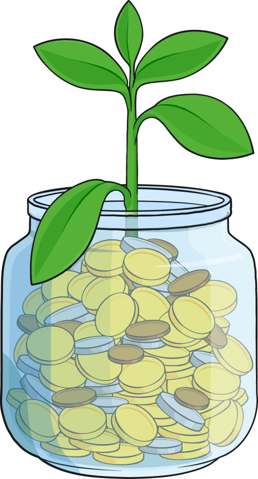 A jar filled with coins with a tall green plant sprouting out of it