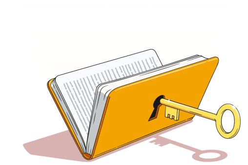 A notebook with a key hole in its front cover with a matching key, opening it up