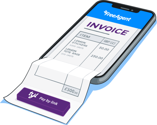Illustration of a mobile phone showing a representation of the FreeAgent mobile app with an invoice appearing to extend from the phone much like a real piece of paper. At the bottomn of the 'paper' invoice is a physical tyl payment button.