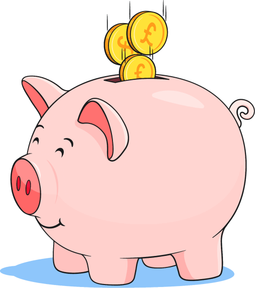 Illustration of a pink piggy bank with three coins falling into the slot on its back.