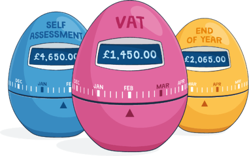 Three colourful egg timers labelled Self Assessment, VAT and End of Year