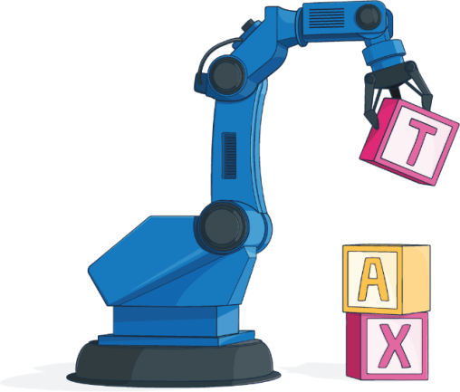 A toy robot arm stacking 3 letter cubes that read TAX