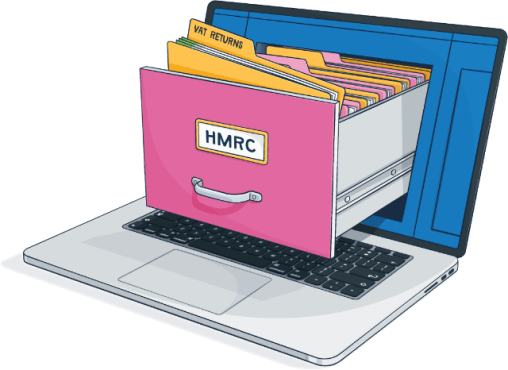 An open filling cabinet drawer labelled HMRC coming out of a laptop screen