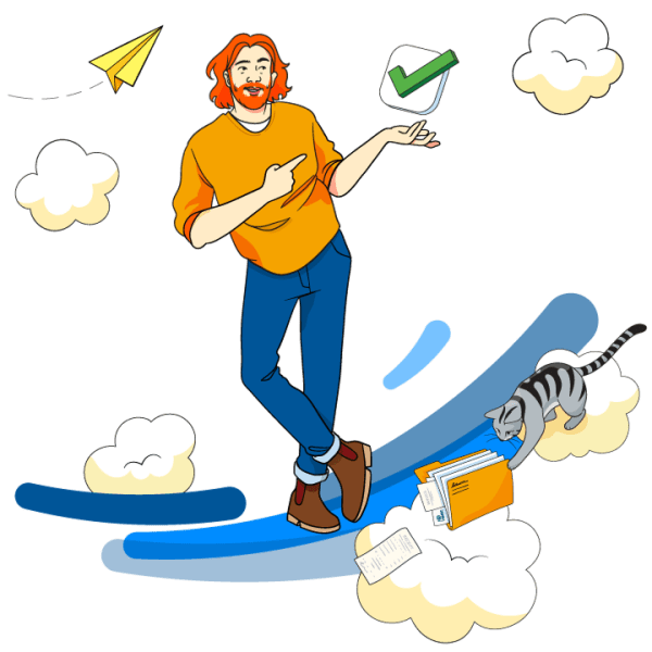 Illustration of a smiling man presenting a large green checkmark, while a cat walks over a stack of file folders below him, surrounded by stylized clouds.