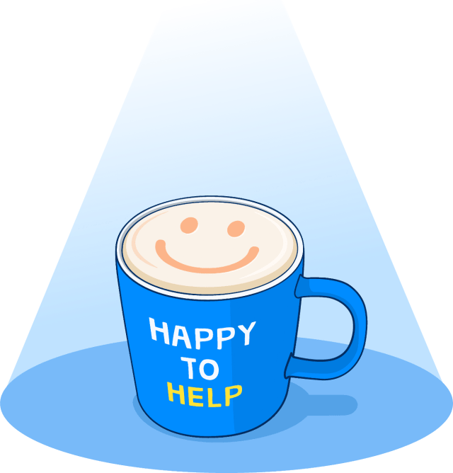 Illustration of coffee cup with the words 'Happy to help' written on the side, and a smiley face on top of the cup made in foam.