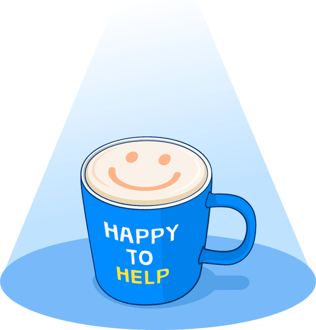 Illustration of coffee cup with the words 'Happy to help' written on the side, and a smiley face on top of the cup made in foam.