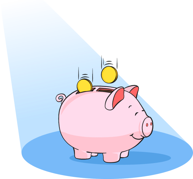 Illustration of a piggy bank with two money slots on its back, and coins falling into each.