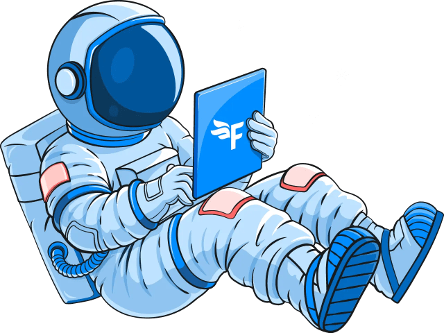 Illustration of an astronaut floating in space holding a tablet device with the FreeAgent mark engraved on the back