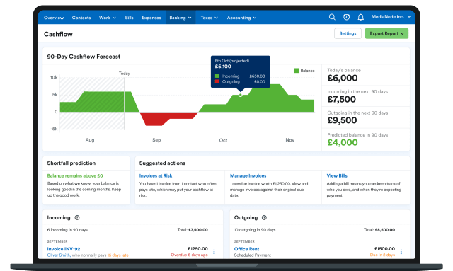 A laptop showing a chart of a business's 90 day cashflow and projected cash balance in FreeAgent