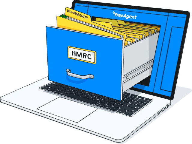 Illustration of a laptop with a filing cabinet drawer, labelled 'HMRC', extruding from the screen