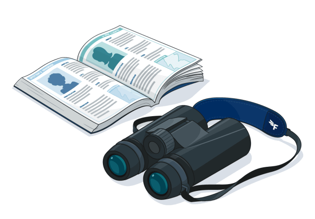 Illustration of binoculars and guide book sitting within a bird watching cabin. The guide book shows information on client types.