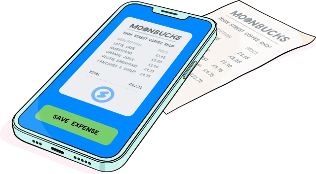 Illustration of a mobile phone which has scanned a receipt lying underneat it in order to record it as an expense.
