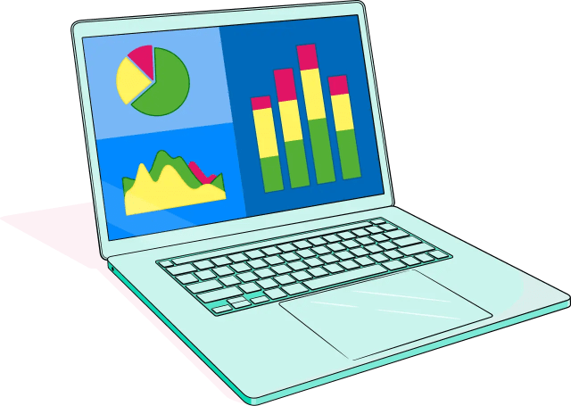 Illustration of a laptop with various colourful charts and graphs on the screen.