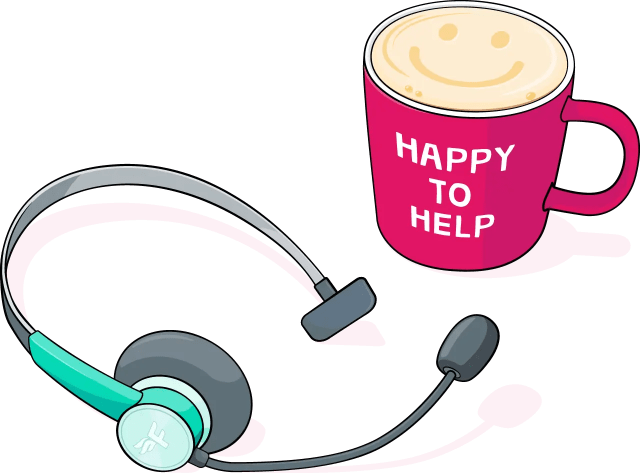 Illustration of a voice chat headset next to a mug with the words 'Happy to help' printed on the side.