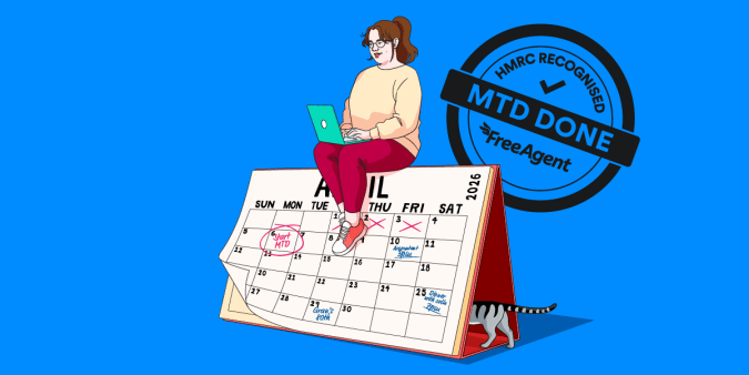 A small business owner sits on the top of an oversized calendar with “Start MTD” circled on 6th April. A circular black stamp says: “HMRC recognised. MTD Done. FreeAgent”.