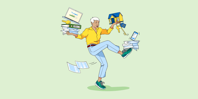 Landlord standing on one leg, balancing piles of paper, files, house keys and devices from her hands and raised foot.