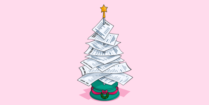  Illustration of a receipt spike that forms the shape of a Christmas tree.