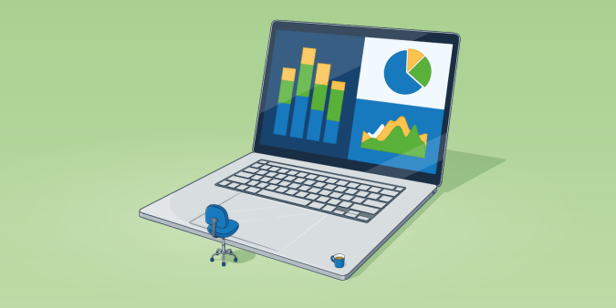 An illustration of a very large laptop computer in front of a very small office chair, with exaggerated scale.