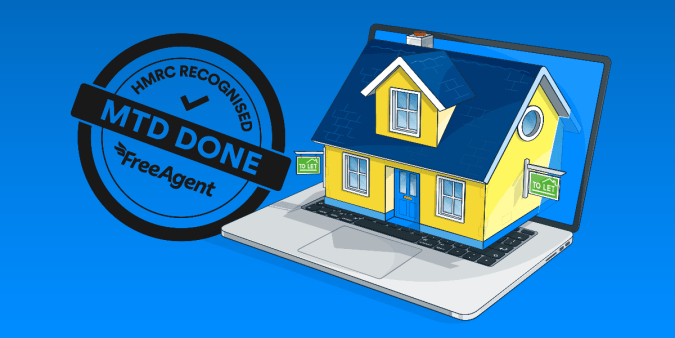 A house with ‘To Let’ signs emerging from a laptop screen with FreeAgent’s MTD Done stamp in the background.