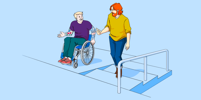 A man walks up some stairs with a handrail while talking to his friend that is ascending the ramp next to him.