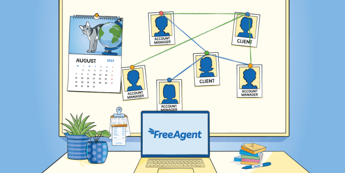 A pinboard above a desk, containing various photos of account managers and clients with lengths of string pinned between them