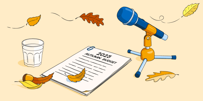 Orange autumn leaves blowing across a microphone and a document titled ‘Autumn Budget’. 