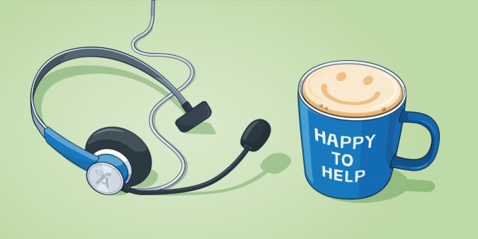 An illustration of a telephone headset alongside a mug of coffee with the words 'Happy to help' on the side and a smiling face in the coffee foam