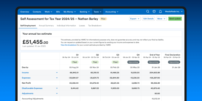 A screenshot of FreeAgent’s MTD quarterly filing screen.