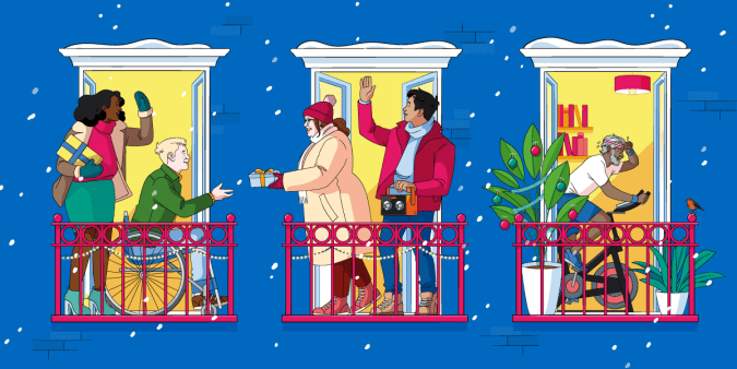 A series of balconies on which friends are gathered and sharing Christmas gifts.