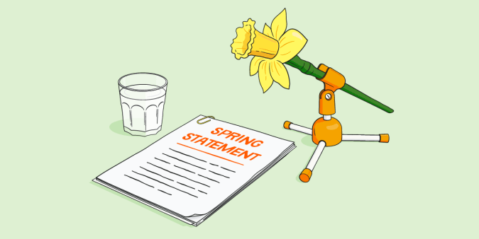 A microphone shaped like a daffodil sits beside a document titled ‘Spring Statement’.
