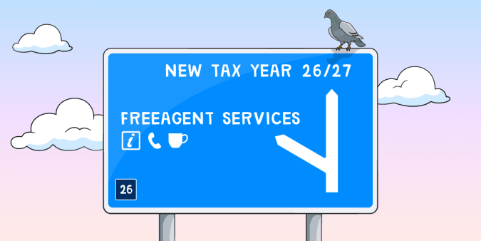 A motorway sign points to New Tax Year 26/27, and to FreeAgent Services.