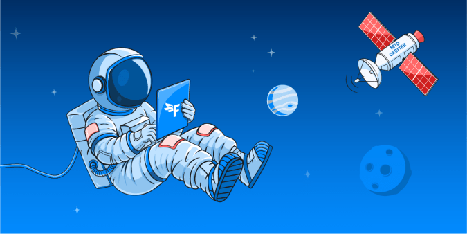 An astronaut floating in space using a FreeAgent-branded iPad.