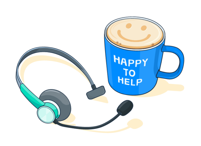 A headset and coffee mug with a smiley face in the foam.