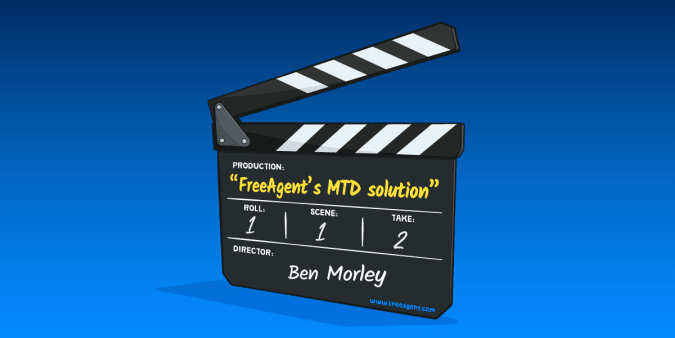 A clapperboard with the title “FreeAgent’s MTD solution”.