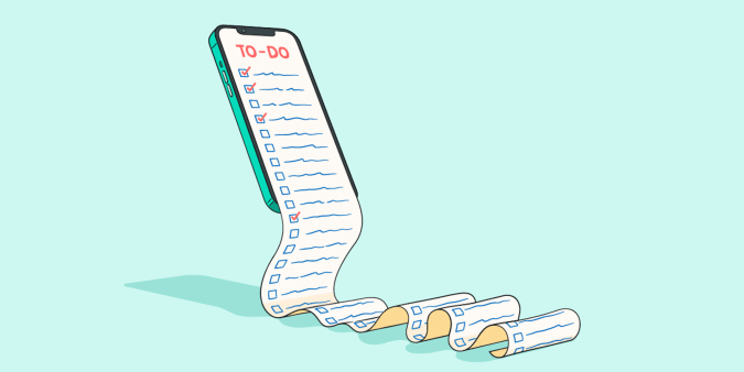 Illustration of a comically long to-do list overflowing from a phone onto a roll of paper.