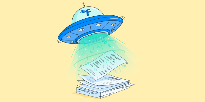 A flying saucer hovering over a pile of receipts, emitting a scanning beam