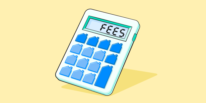 Calculator with house-shaped buttons and a screen that reads ‘FEES’.