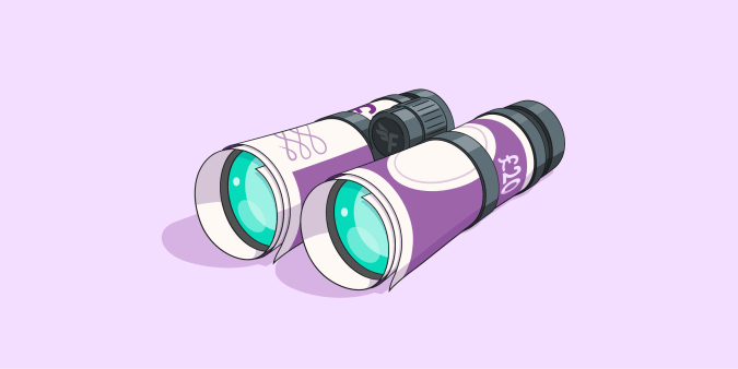 An illustrated pair of binoculars made of rolled up bank notes.