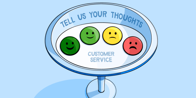 Smiley feedback button stand inviting customers to ‘tell us your thoughts’.