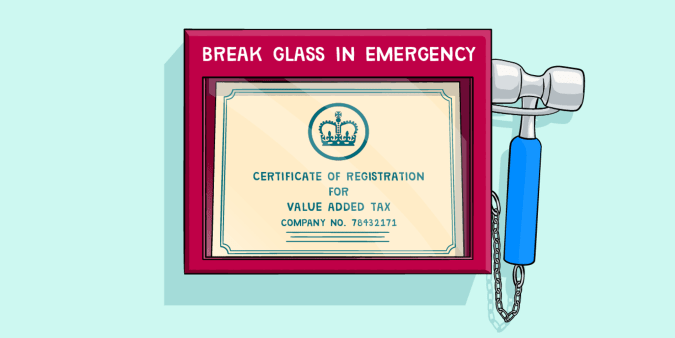 Illustration of a box labeled 'break glass in emergency' with a VAT certificate within it. 