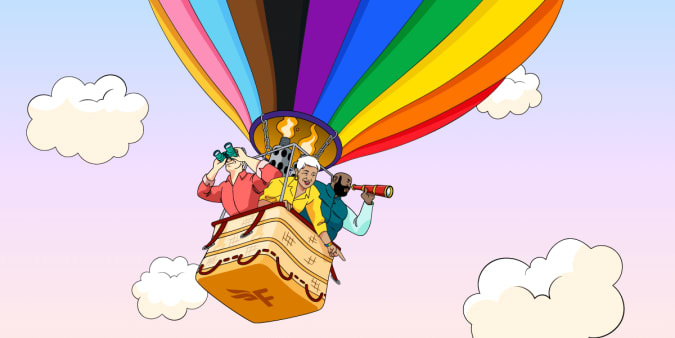 Illustration of three different people in a hot air balloon made of all the colours from the pride flag.