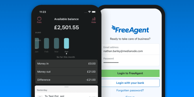 Two smartphones side by side, one showing the Mettle and app and the other showing the FreeAgent app.