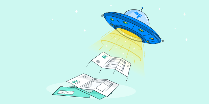 A FreeAgent-branded UFO beaming up paper bills