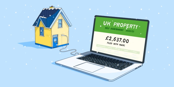 Illustration of a laptop with the UK property page on screen and a house connected to it via cable.