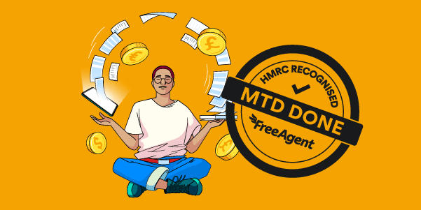 A person meditating, floating over a box of receipts and an MTD Done stamp at the side.