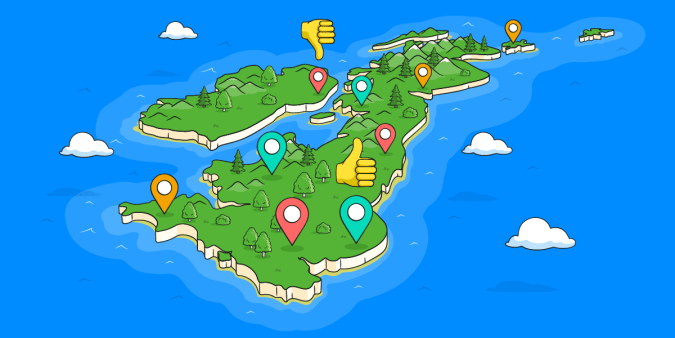 A map of the British Isles and Ireland with pins dropped to show locations of the best and worst areas for late payment of invoices.