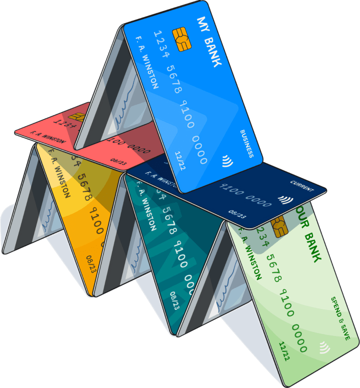 Illustration of a house of cards using bank cards instead of playing cards